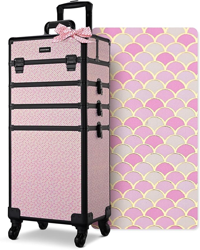 BYOOTIQUE Rolling Makeup Case Large 4in1 Cosmetology Case on Wheels,Easy Access Cosmetic Organizer Travel Case for Makeup Artist Hairstylist,Art Deco Bloom