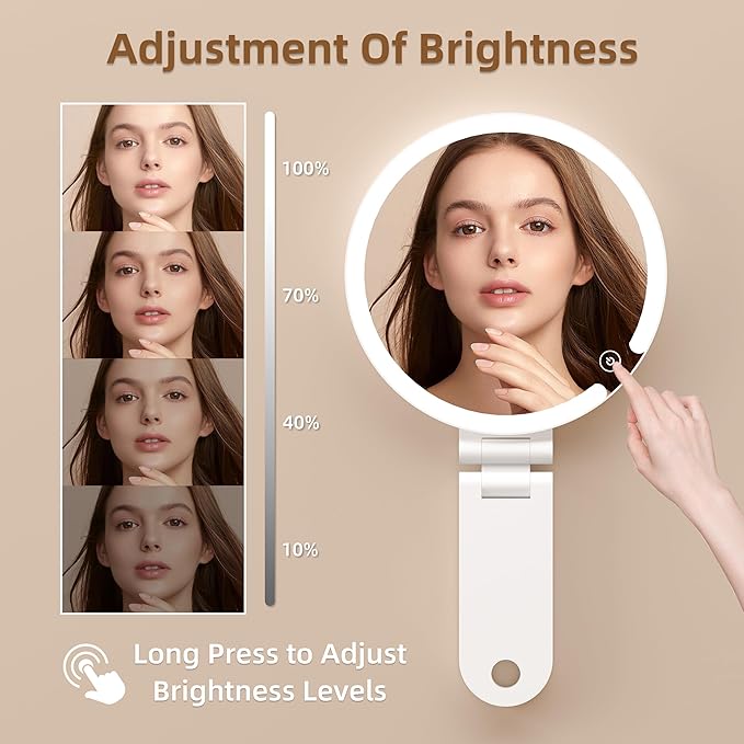 Travel Makeup Mirror with Lights, 20X/1X Double-Sided Magnifying Mirror with 3 Color Lights, Brightness Adjustable, Rechargeable, Foldable Handheld Makeup Mirrors Portable for Travel Use