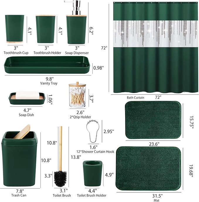 XLHOMO Dark Green Bathroom Sets with Shower Curtain and Rugs,Bathroom Sets Shower Curtain Set with Extra Soft and Absorbent Bathroom Rugs Green Bathroom Accessories