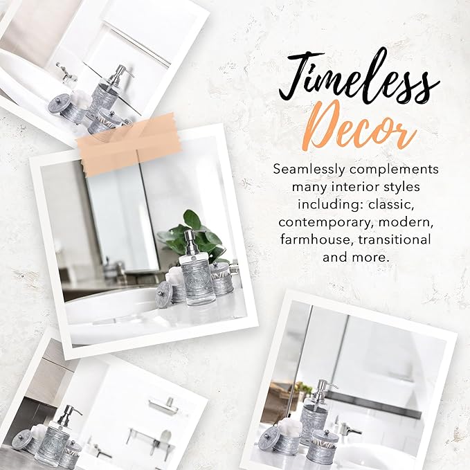 Autumn Alley Adorable 3 Piece Modern Farmhouse Bathroom Accessory Set for Sink/Vanity - Galvanized Soap Dispenser, Cotton Ball Container with Lid, Qtip Organizer – Rustic Farmhouse Bathroom Decor