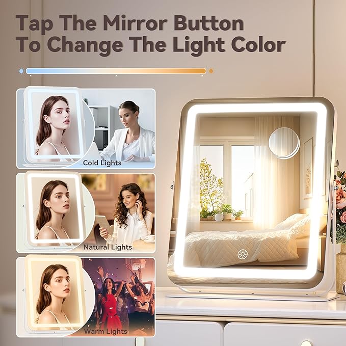 Hasipu Makeup Vanity Mirror with Lights, 12" L x 14" W LED Tabletop Make up Mirror for Desk, Lighting & Brightness Adjustment, 360°Rotation, 10x Magnification