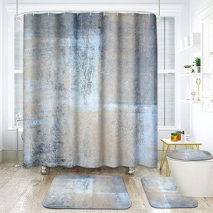 ArtSocket 4 Pcs Shower Curtain Set Abstract Blue Bathroom Set with Shower Curtain and Rugs Beige Grey Blue Brown Modern with Non-Slip Rugs Toilet Lid Cover and Bath Mat Bathroom