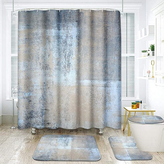 ArtSocket 4 Pcs Shower Curtain Set Abstract Blue Bathroom Set with Shower Curtain and Rugs Beige Grey Blue Brown Modern with Non-Slip Rugs Toilet Lid Cover and Bath Mat Bathroom