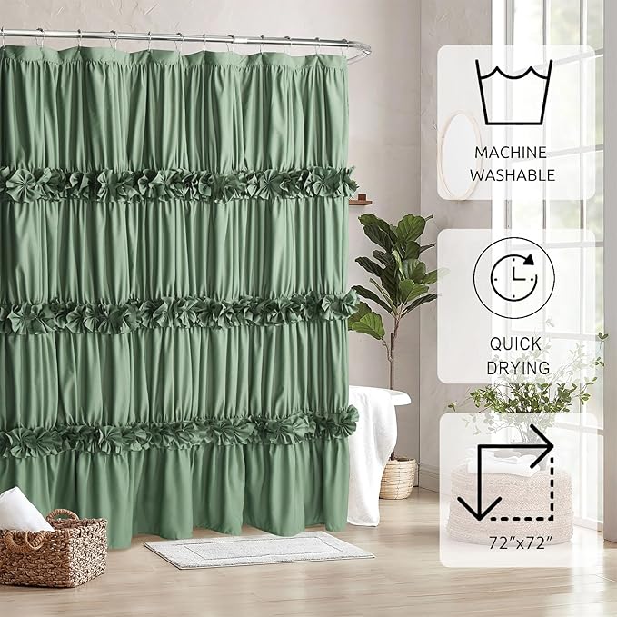 Light Green Ruffle Shower Curtain, Vintage Handcrafted Bow Tie Bath Curtain for Master Bathroom, Ruched Microfiber Bathroom Curtain with 12 Buttonholes, 72" W x 72" H (LQ-10)