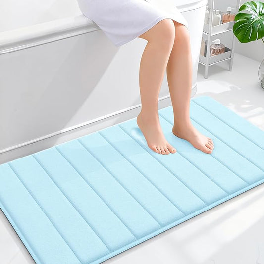 OLANLY Memory Foam Bath Mat 44x24, Super Soft Absorbent Bathroom Rugs, Quick Dry, Machine Washable Shower Floor Rugs, Bathmat Carpet, Bathroom Home Decor Accessories, Sky Blue