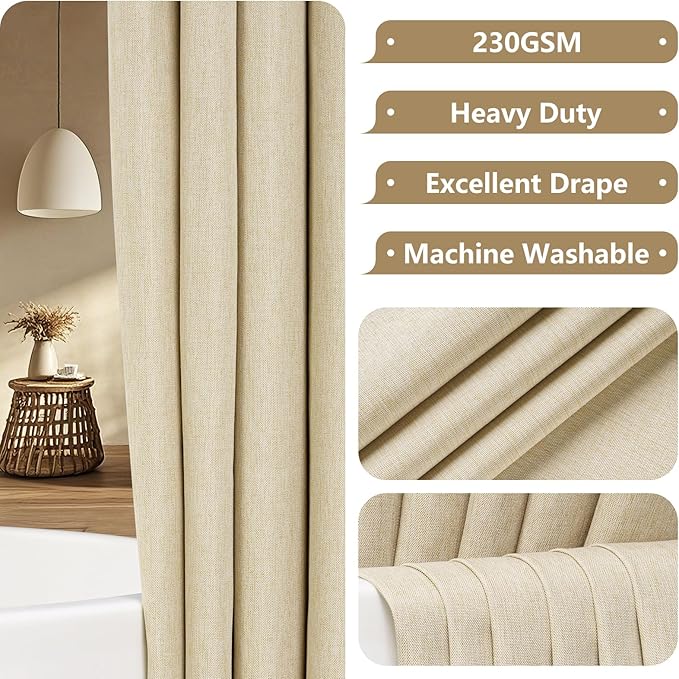 Natural Linen Look Farmhouse Shower Curtain Beige, Heavy Duty Faux Linen Fabric Shower Curtain Water Resistant, 72 x 72 inch Hotel Quality Washable Cream Shower Curtains for Bathroom