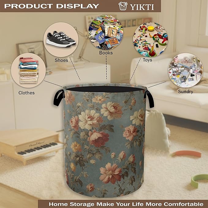 Vintage Rose Flower Laundry Hamper,Retro Floral Clothes Hamper for Laundry,Waterproof Oxford Toy Storage Collapsible Hampers for Bedroom, Dorm Room,Bathroom,16x20 Inch
