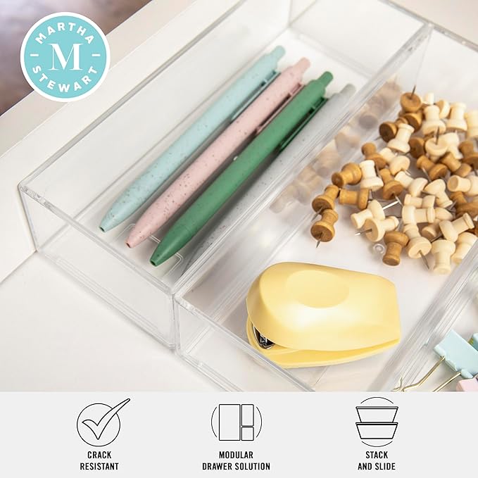 Martha Stewart Brody Desktop Storage Organizer, Stack and Slide Plastic Organizer Tray, Organizer for Office, Kitchen, or Vanity, 3" x 7.5", Clear