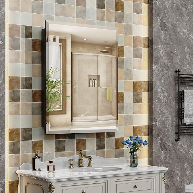 20 x 26 Inch Medicine Cabinet for Bathroom Wall Mounted, Recessed with Beveled Mirror and Adjustable Shelves
