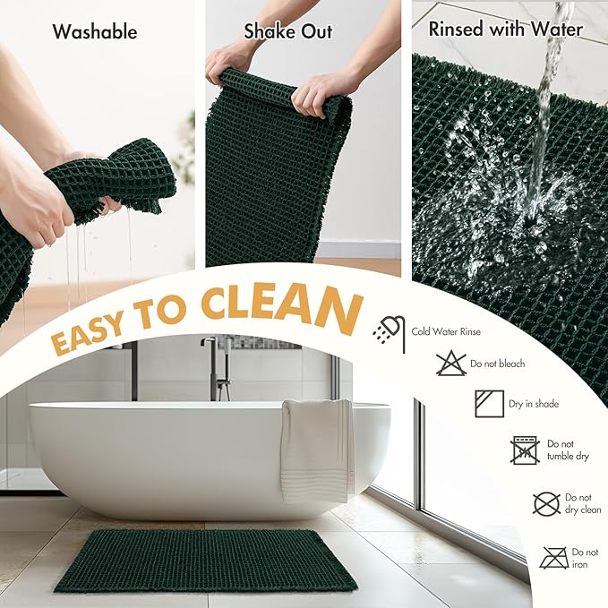 MIULEE Dark Green Set of 2 Waffle Bathroom Rugs, Boho Bath Rugs Non Slip Washable, Super Absorbent Bath Mats, Ultra Soft Rubber Backed Shower Mats for Bathroom Floor, Tub, 17"x24"+18"x30"