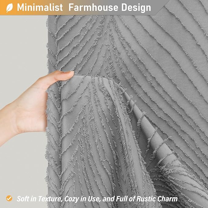 BTTN Grey Boho Farmhouse Shower Curtain, Tufted Leaves Textured Striped Shower Curtain Set with Tassel, Water Repellent, Modern Minimalist Shabby Chic Shower Curtains for Bathroom, 72 x 72