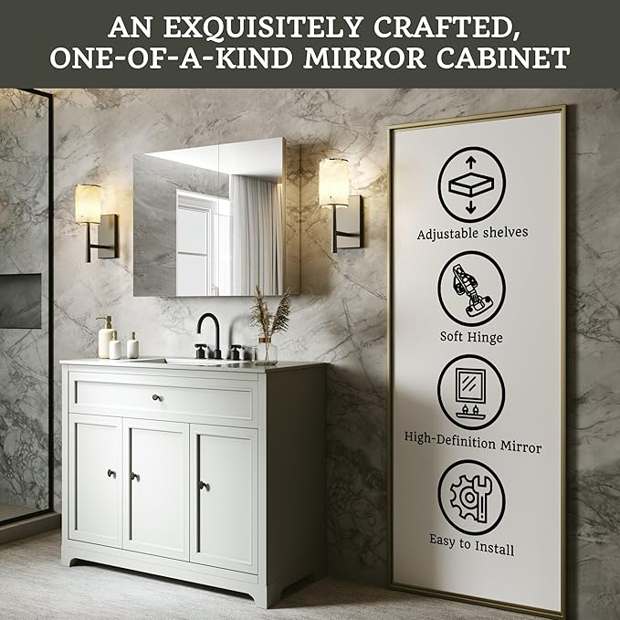 30x24 Bathroom Medicine Cabinet with Mirror,Aluminum Alloy Frame with Mirror Side Panels,Surface or Recessed Medicine Cabinet with Adjustable Shelves,Assembly Required