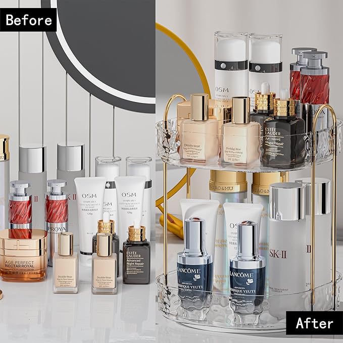 360° Rotating Makeup Organizer - Large Capacity Makeup Skincare Perfume Organizer Bathroom Organizer for Countertop Clear 2 Tier