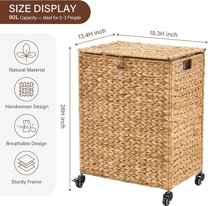 Hand-Woven Laundry Basket with Wheels, Natural Water Hyacinth Laundry Hamper with Lid, Removable & Machine-Washable Liner,Clothes Hamper for Bathroom and Laundry Room(90L,Natural)