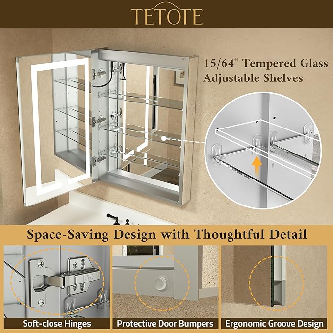 TETOTE 36 x 32 LED Lighted Bathroom Medicine Cabinet with Lights, 2 Door Recessed or Surface Mount Led Mirrored Medicine Cabinet, Tempered Glass, Outlets & USB, Adjustable Shelf, 3-Color Lights
