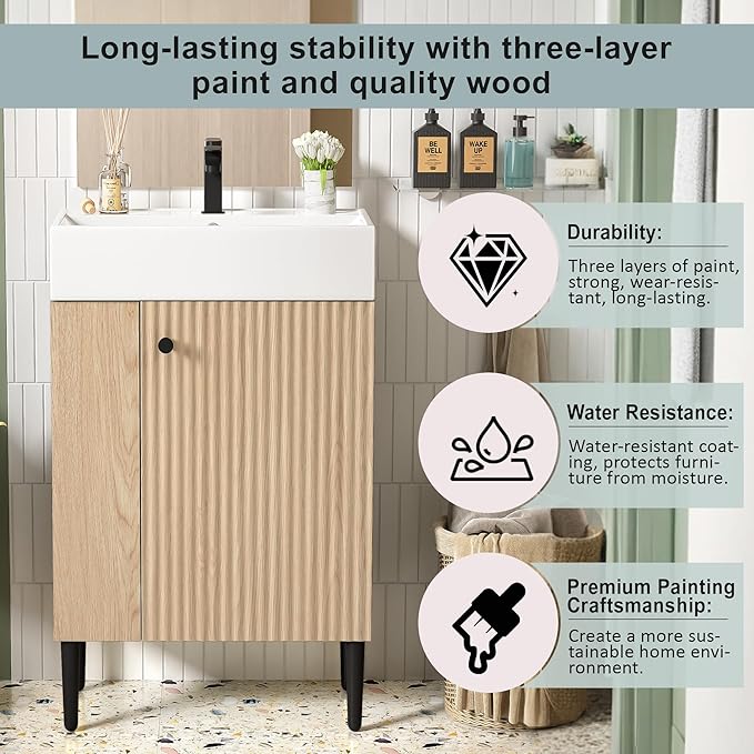 Virubi 21.6 in Small Bathroom Vanity with Sink,Doors and Storage Shelves,Wood Modern Single Fluted Bathroom Sink Cabinet Freestanding (Natural Wood,Left Shelf)