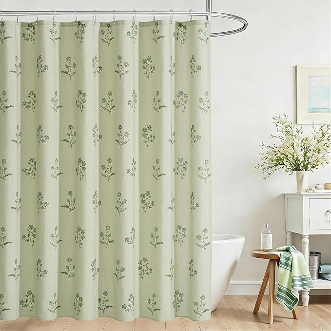 ORTIGIA Farmhouse Vintage Sage Green Floral Shower Curtain Block Print Linen Shower Curtains Set Boho Cottagecore Rustic Decor for Bathroom 72 W x 72 L