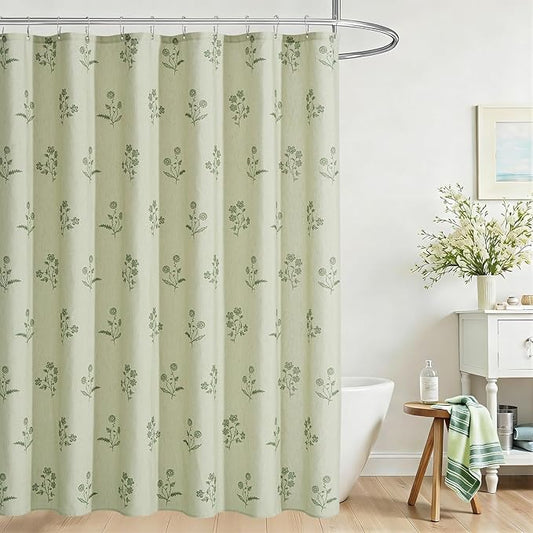 ORTIGIA Farmhouse Vintage Sage Green Floral Shower Curtain Block Print Linen Shower Curtains Set Boho Cottagecore Rustic Decor for Bathroom 72 W x 72 L