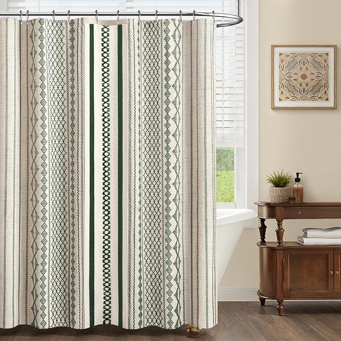 Dark Green Boho Shower Curtain for Bathroom, Linen Striped Print and Twine-Inspired Woven Center,72" W x 72" L
