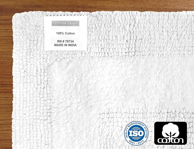 COTTON CRAFT Luxurious Bathmat Rug - Set of 2 Reversible Heavyweight Large Step Out Bath Mats for Bathroom Floor, Tub and Shower - Pure Cotton Soft Plush Absorbent Tufted Racetrack Mat - 20x30 - White