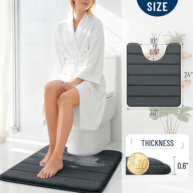 OLANLY Memory Foam Toilet Rugs U Shaped 24x20, Super Soft Absorbent Contour Bath Rugs, Quick Dry, Machine Washable Toilet Mat, Bathmat Floor Carpet, Bathroom Home Decor Accessories, Dark Gray