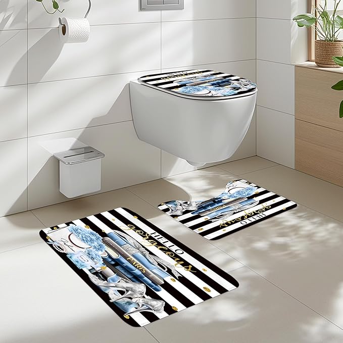 Cinbloo 4Pcs Black and Blue Shower Curtain Set,High Heels Striped Perfume Bathroom Curtain with Rug, Toilet Lid Cover, Bath Mat, Fashion Floral Flower Magazine Books Shower Curtain with 12 Hooks