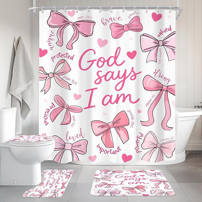 Cinbloo 4Pcs Pink Bow Shower Curtain Set, Retro Cute Coquette Vintage Girly Preppy Fashion Bathroom Curtain with Rug, Toilet Lid Cover, Bath Mat, Inspirational Quotes Shower Curtain with 12 Hooks