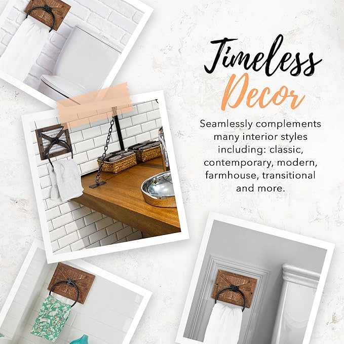Autumn Alley Farmhouse Hand Towel Ring for Bathroom - Barn Wood Bath Towel Rings Holder - Towel Rings for Bathroom Wall Mounted Decor Mix of Wood, Galvanized Metal & Black Rings
