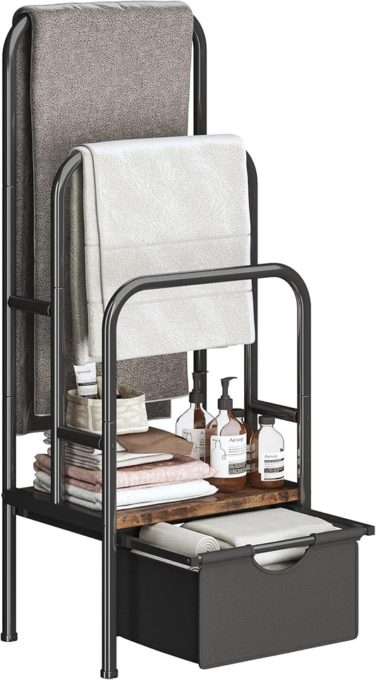 Homeiju Standing Towel Racks for Bathroom, Blanket Ladder, 3-Tier Towel Drying Rack, 15.6" L x 11.8" W x 41.7" H, Blanket Holder for Bedroom, Living Room,Rustic Brown