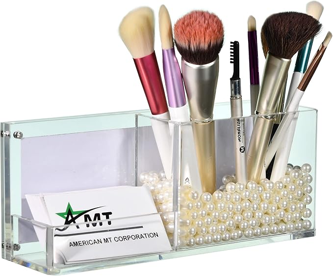 AMT CLEAR Acrylic Make Up Organizer, Business License Frame for Cosmetology or Other Businesses, Makeup Brush Holder, Pen Holder,Business Card Display (Cream)