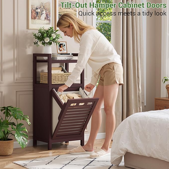 Homykic Tilt Out Laundry Hamper Cabinet, 10 Gal Bamboo Laundry Cabinet with Removable Basket, Hidden Hamper Organizer with Shelf for Dirty Clothes, Bathroom, Laundry Room, Space Saving, Espresso
