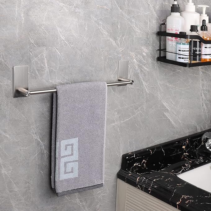 NearMoon Self Adhesive Bathroom Towel Bar- Stainless Steel Bath Wall Shelf Rack Hanging Towel Stick On Sticky Hanger Contemporary Style, NO Drilling (2 Pack, Brushed Nickel, 12-Inch Towel Rack)