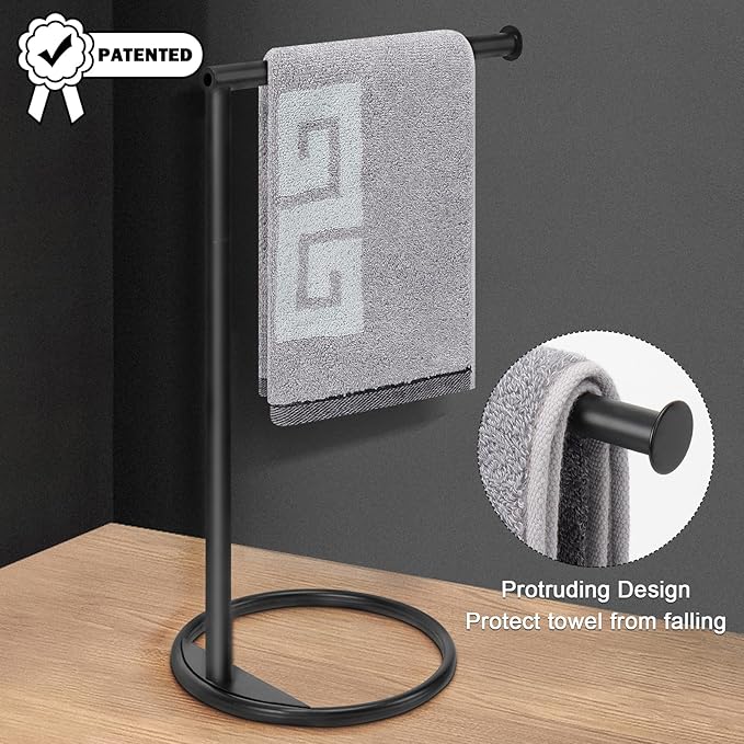 NearMoon Hand Towel Holder Stand, Thicken Metal L Shape Hand Towel Rack, Small Towel Ring, Stable Standing Towel Bar for Bathroom Kitchen Vanity Countertop, 8” L 14” H (Matte Black, 3 Pack)