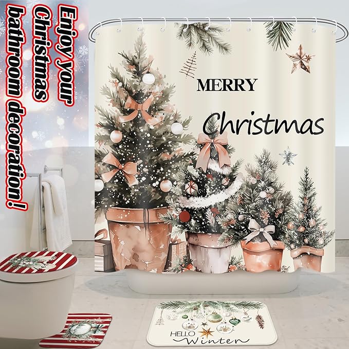 Drydiet 4 Pcs Christmas Shower Curtain Set Bathroom Decoration Non Slip Rugs Mat Toilet Lid Cover Shower Curtain for Xmas Holiday Farmhouse Home Bathroom Decor(Cozy Christmas)