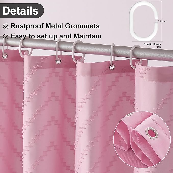 Pink Shower Curtain Fabric Cute Shower Curtain Cloth Textured Tufted Chevron Boho Shower Curtains Waterproof for Bathroom 72" x 72"