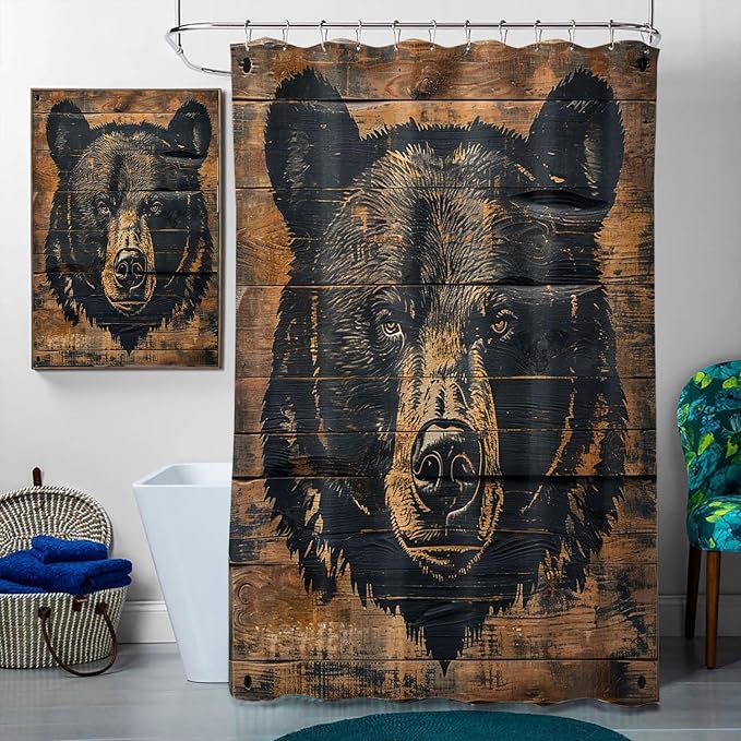 4 Pcs Rustic Lodge Bear Shower Curtain Set with Rug, Toilet Lid Cover and Bath Mat, Bear Farmhouse Cabin Wooden Art Bathroom Shower Curtain with 12 Hooks Accessories Decorative