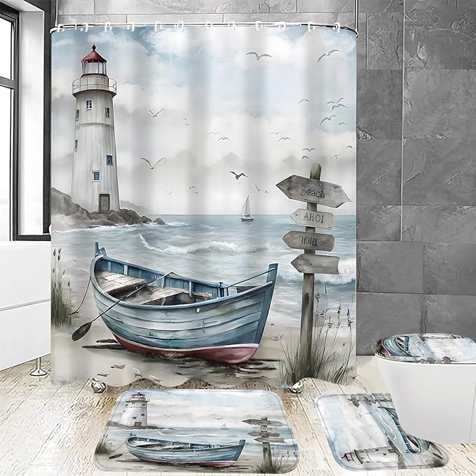 Chrainy 4Pcs Nautical Lighthouse Shower Curtain Sets Wooden Boat Bathroom Set Decor with Non-Slip Rugs Bath U-Shaped Mat Toilet Lid Cover Starfish Lighthouse Bathroom Curtain Shower Set with 12 Hooks