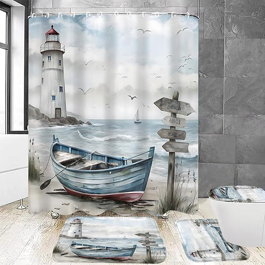Chrainy 4Pcs Nautical Lighthouse Shower Curtain Sets Wooden Boat Bathroom Set Decor with Non-Slip Rugs Bath U-Shaped Mat Toilet Lid Cover Starfish Lighthouse Bathroom Curtain Shower Set with 12 Hooks