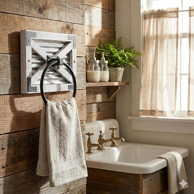 Autumn Alley Farmhouse White Hand Towel Holder Ring with Bracket - Rustic Hand Towel Holder - Towel Rings for Bathroom Wall Mounted Decor Mix of Wood, Galvanized Metal & Black Rings, White
