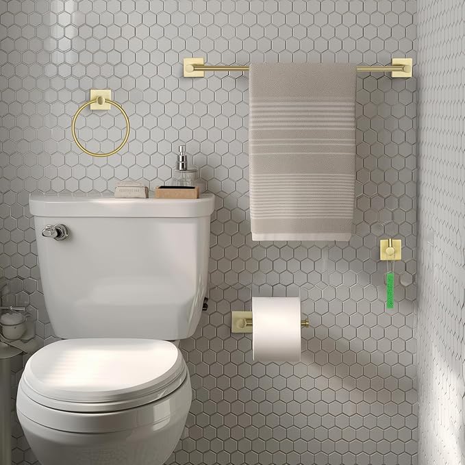 Bathroom Accessories Set Brushed Gold Towel bar Set, 4 piece Towel Rack Set Towel bar for Bathroom wall Mounted Durable 24 inch Towel bar Robe Hook Towel Ring Toilet Paper Holder