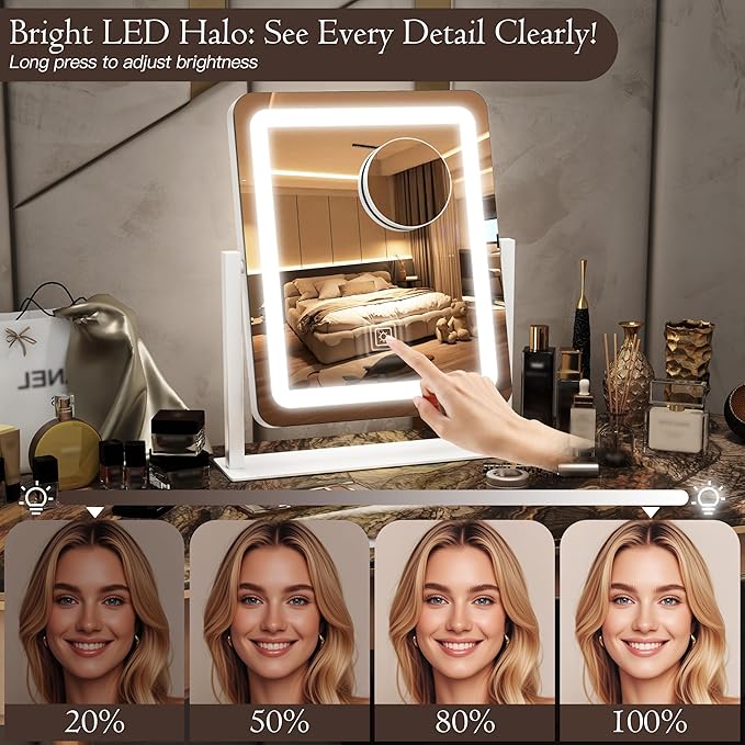 15" x13" Vanity Mirror with Lights, LED Makeup Mirror with Lights,10X Magnification Vanity Mirror with 360°Rotation, 3 Color Modes ＆ Dimmable Lighted Mirror Makeup for Desk, Travel, White