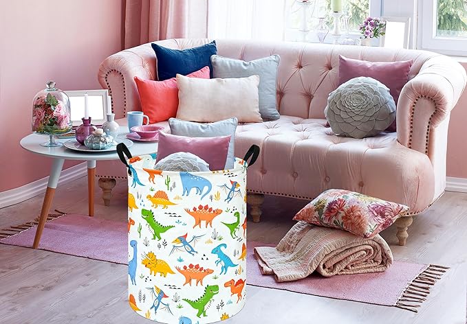 Round Dinosaur Pattern Laundry Hamper Clothes Storage Basket Fabric Storage Hamper Organization Storage Bin, Nursery Box,Gift Basket with Handles