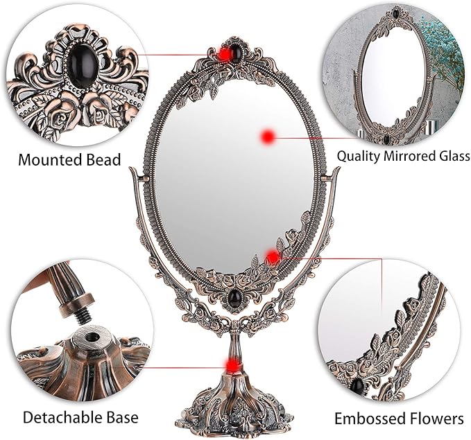 JUXYES Metal Tabletop Antique Decorative Makeup Mirror with Stand, Vintage Swivel Double Sided Cosmetic Mirror with Frame, Retro Desktop Oval Dressing Mirror for Bathroom Bedroom