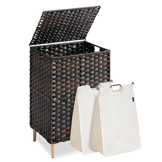 SONGMICS 2-Section Laundry Hamper with Lid, 29 Gal (110L) PE Rattan Laundry Basket with Removable Washable Liners, for Bedroom & Living Room, Chestnut Brown ULCB222ME01