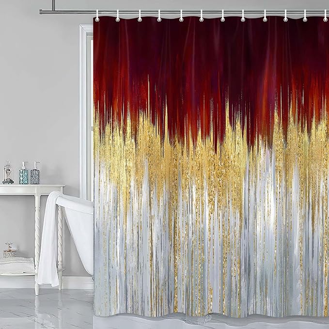 JAWO Abstract Dark RedSh ower Curtain, Gold Blue Boho Ombre Minimalist Chic Art Shower Curtains, Modern Neutral Contemporary Striped Brush Strokes Tan Art Waterproof Bathroom Curtain with 12 Hooks