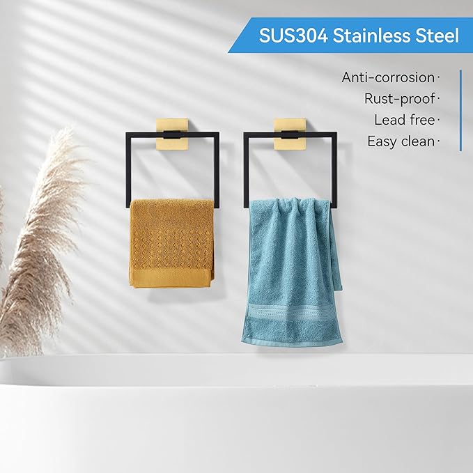 LANC Hand Towel Holder for Bathroom Wall Mount Matte Black and Brushed Gold Square Hand Towel Holder for Bath Lavatory SUS304 Stainless Steel Modern Style Shower Towel Towel Racks Hanger, A8896GK