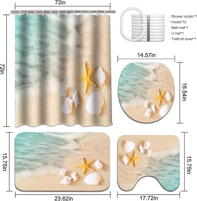 Lnond 4Pcs Summer Beach Shower Curtain Sets with Rugs, Seashore Starfish Shell Bathroom Sets with Shower Curtain and Rugs and Accessories