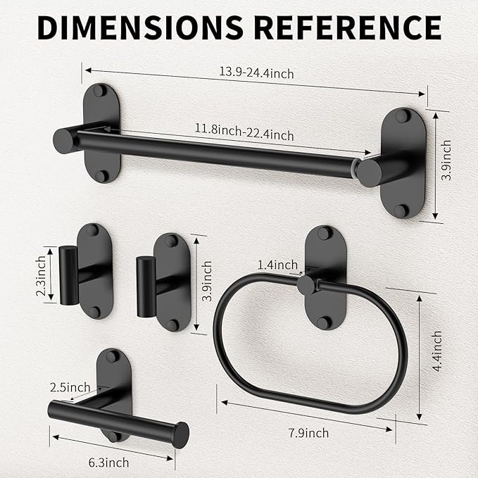 5-Piece Bathroom Hardware Accessories Set, Self-Adhesive & Wall Mounted SUS304 Stainless Steel Towel Bar Set, Adjustable Towel Bar, Towel Ring, Toilet Paper Holder & 2 Hooks(Matte Black)