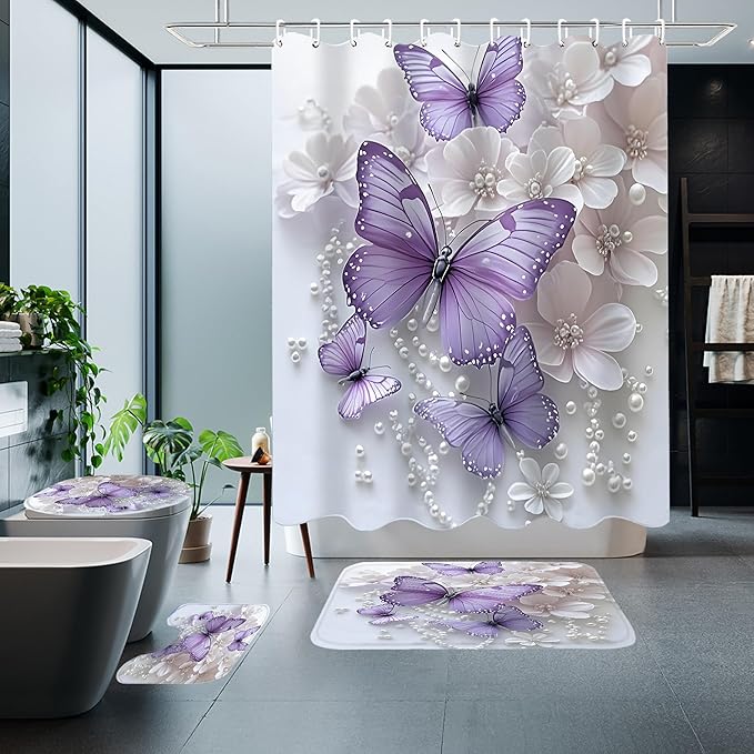 ZLQQ 4Pcs Butterfly Shower Curtain Sets with Rugs Butterfly Pearl Bathroom Set with Non-Slip Rugs Toilet Lid Cover and Bath Mat Vintage Shower Curtain with 12 Hooks, Durable Bathroom Decor Set