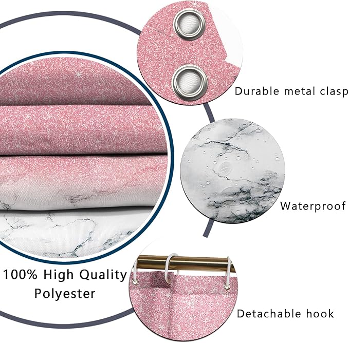 4 Piece Bathroom Shower Curtain Set with Rugs, Pink Marble Shower Curtain Sets with 12 Hooks, Non Slip Bath Mat, U-Shaped Floor Mat and Toilet Lid Oval Rug for Bathroom Set Decor